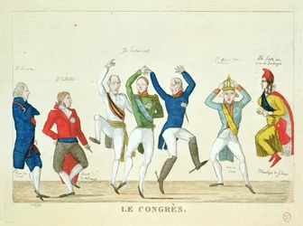Satirische Karikatur der wichtigsten Protagonisten bei einem Tanz auf dem Wiener Kongress 1815